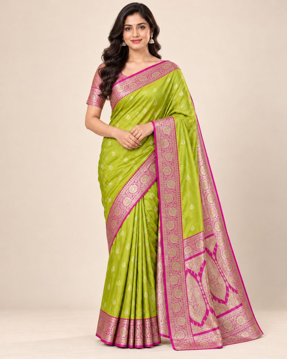 Aamra Lime Green Saree with Rani Pink Floral Border, Silk-like lustrous appearance; fibre