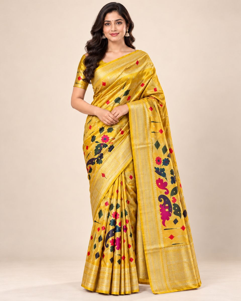 Amaltas Golden Yellow Floral Saree with Ornate Border