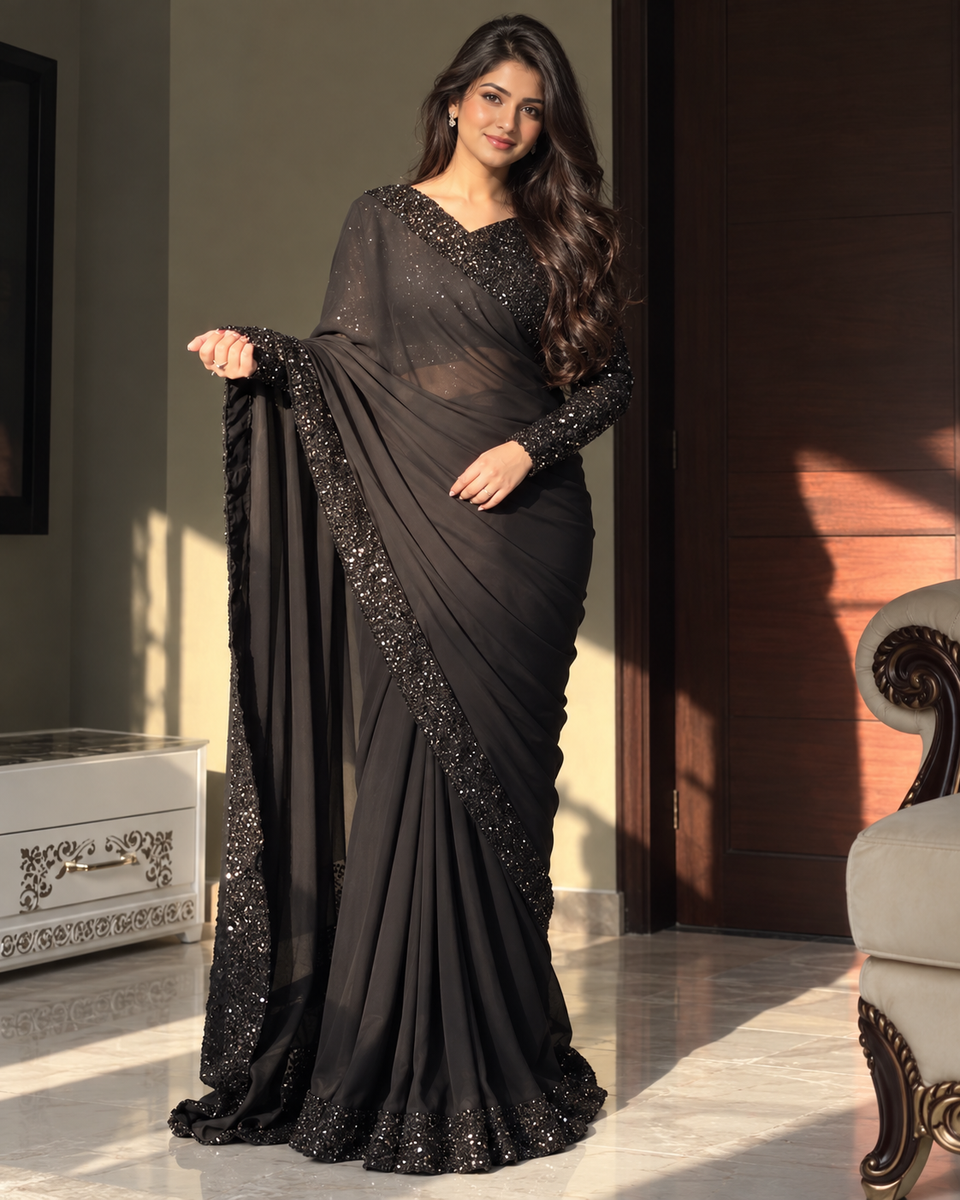Black Sequin Border Party Wear Saree