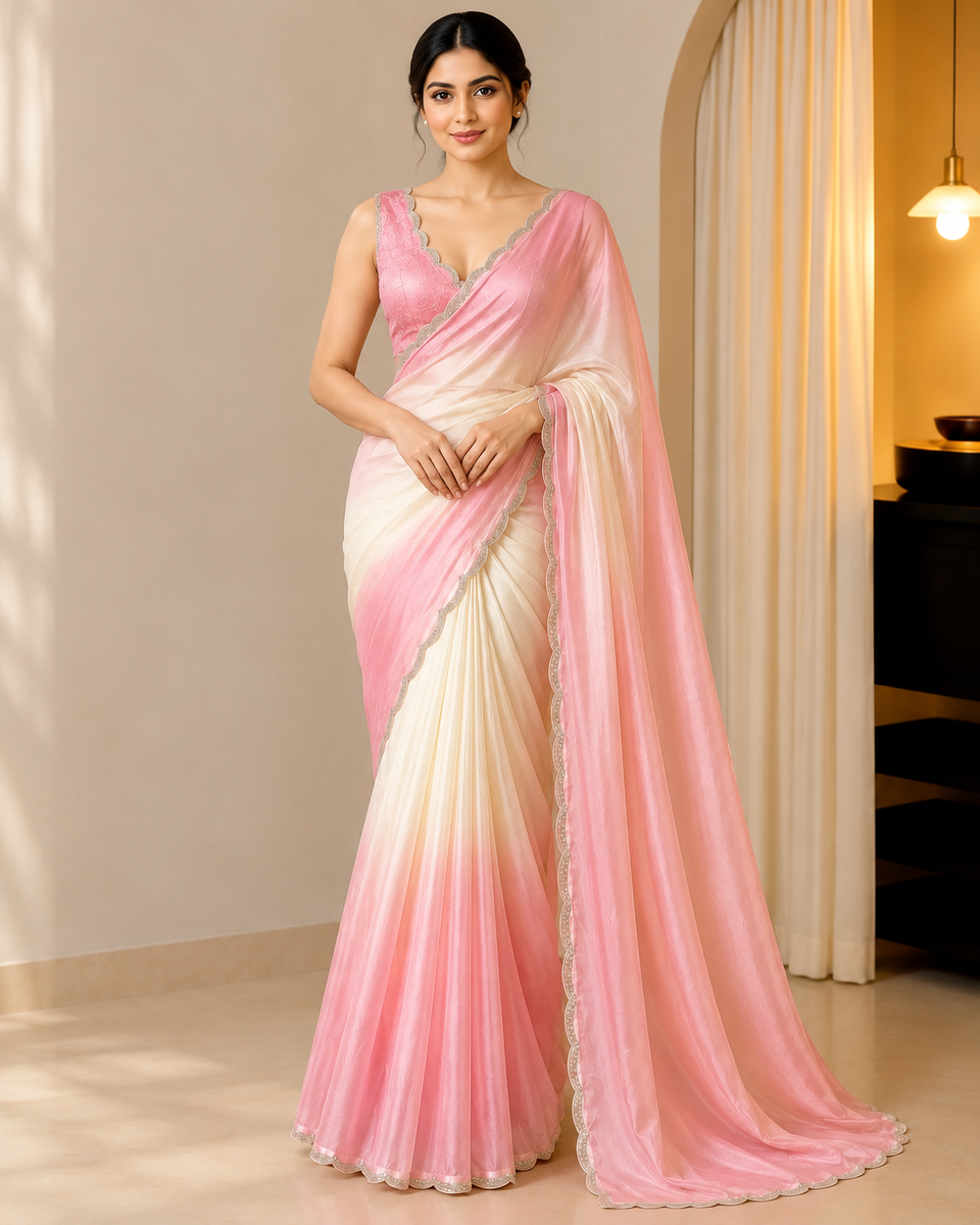Blush Pink & Ivory Ombre Saree with Scalloped Border, Satin