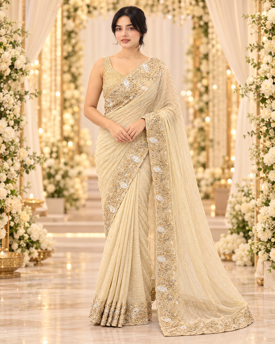 Champagne Gold Mirror Work Embroidered Saree