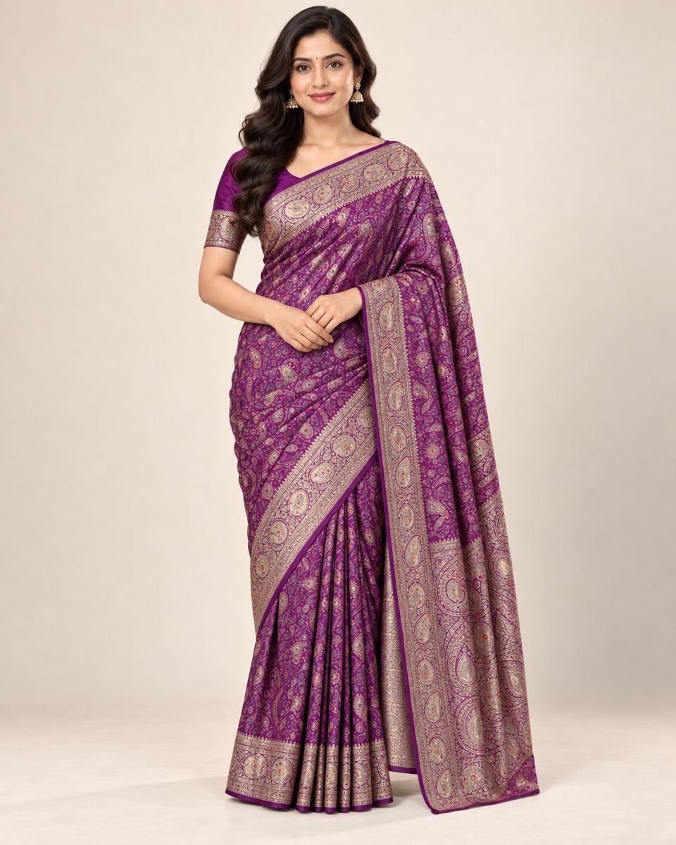 Dark Purple Silk Banarasi Saree with Blouse Piece