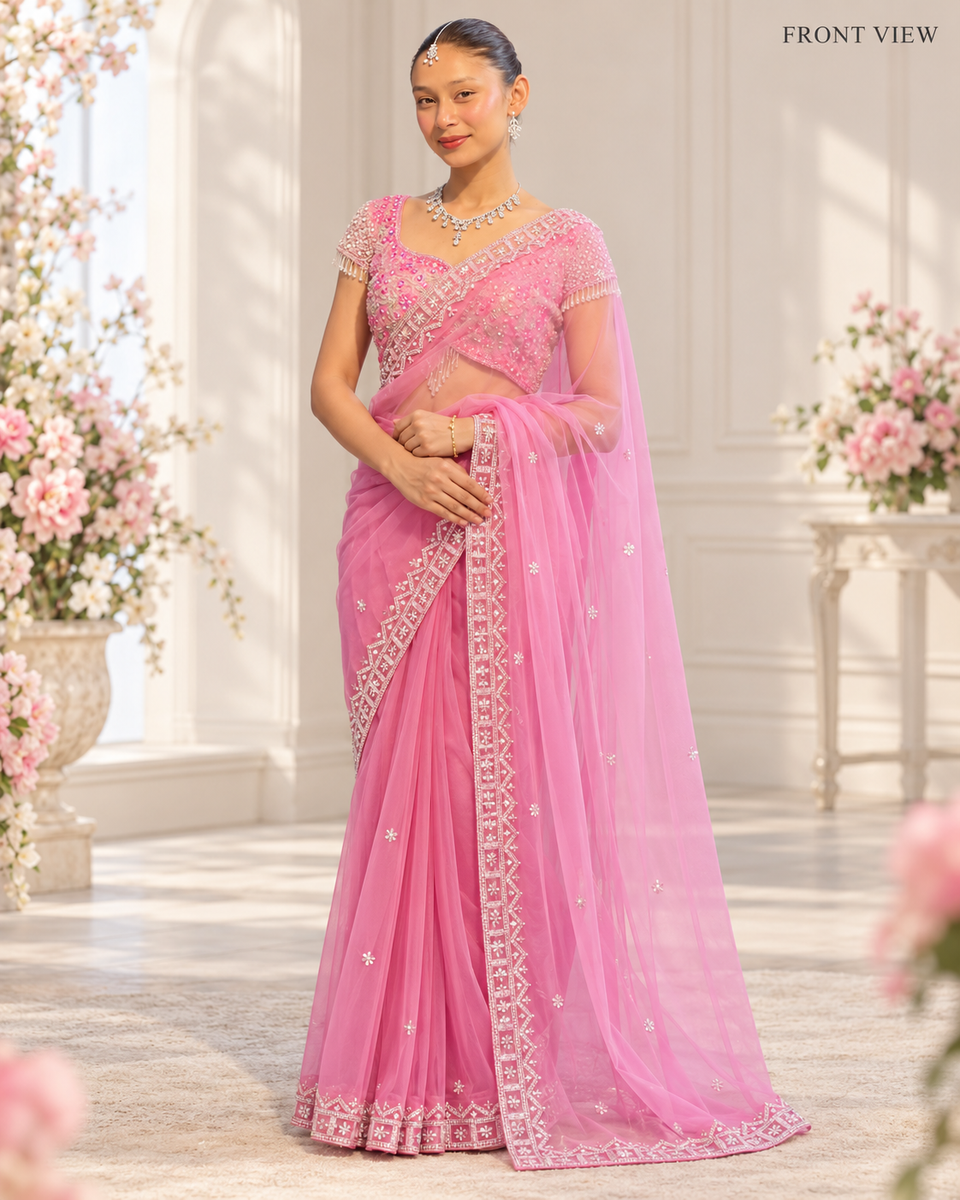 Gulabi Noor Pink Embellished Party Wear Saree, Soft Net