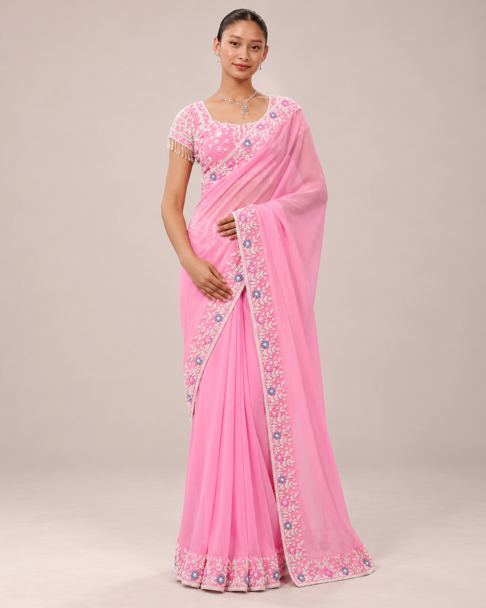 Gulnaar Pink Floral Embroidered Saree, Premium Quality Georgette