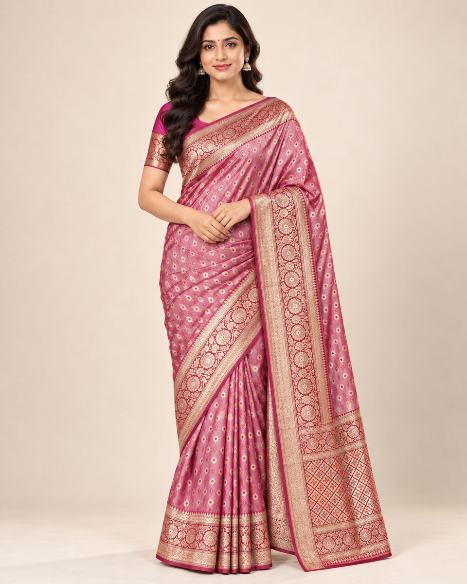 Gulnaar Rose Pink Floral Saree with Magenta Border, Banarasi Silk