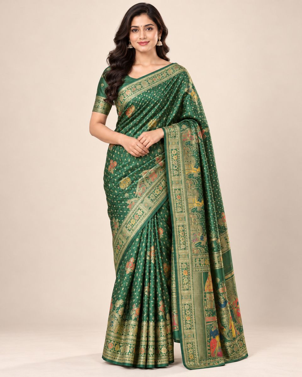 Harita Emerald Green Saree with Golden Floral Border, Silk