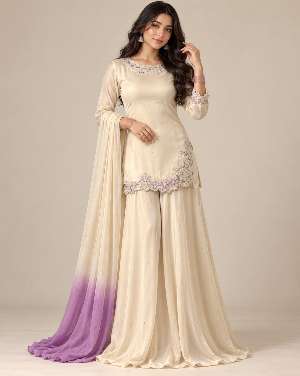 Ivory Embroidered Kurti Set with Ombre Dupatta