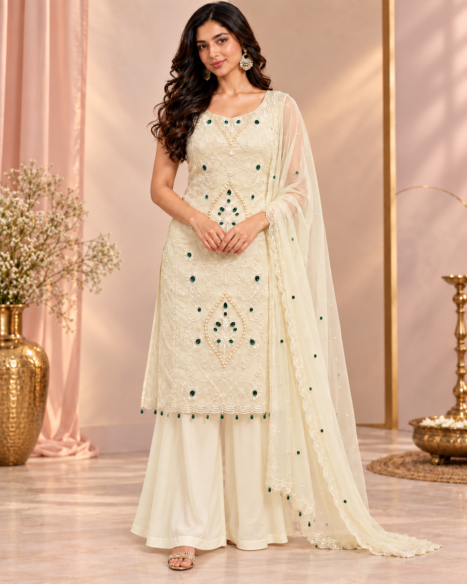 Ivory Emerald Embroidered Kurta Set with Dupatta