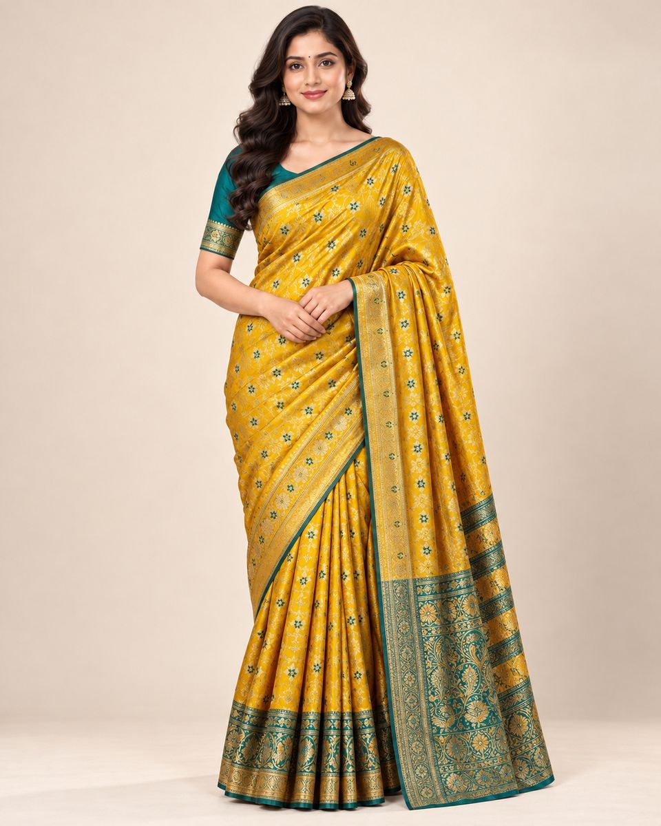 Kanak Golden Yellow Floral Saree with Teal Green Border, Silk Blend