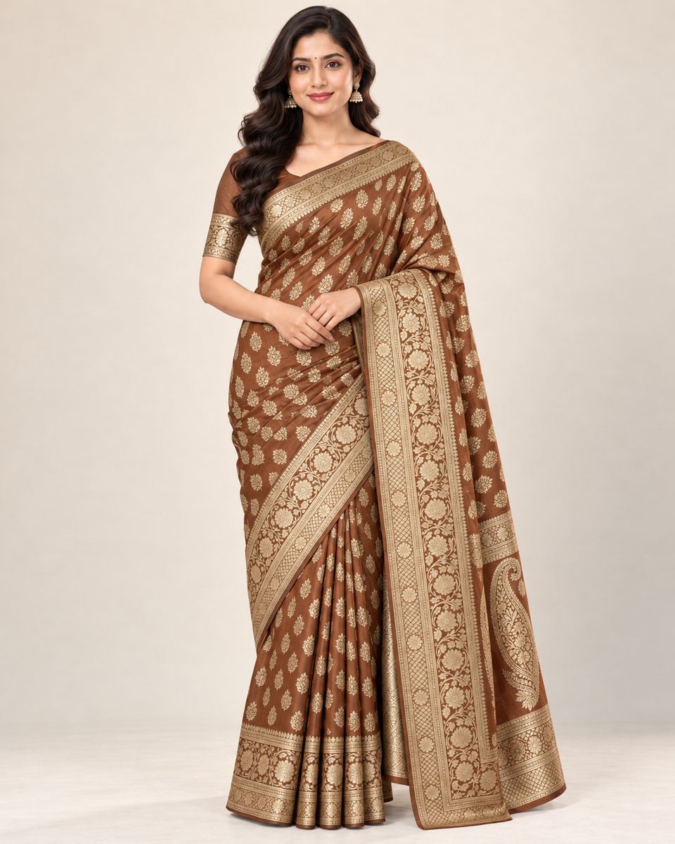 Kashvi Copper Brown Saree with Golden Floral Border, Silk-like lustrous appearance