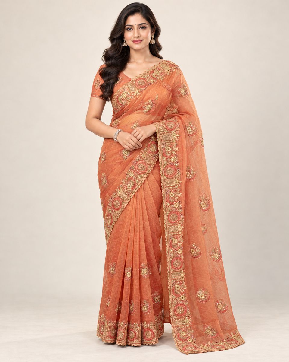 Kesari Peach Orange Saree with Ornate Golden Scalloped Border, Textured appearance with a subtle sheen and slightly sheer pallu