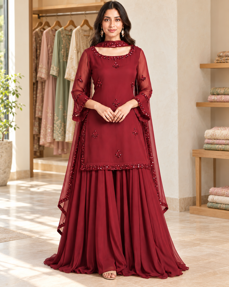 Maroon Embellished Kurta Sharara Set with Dupatta
