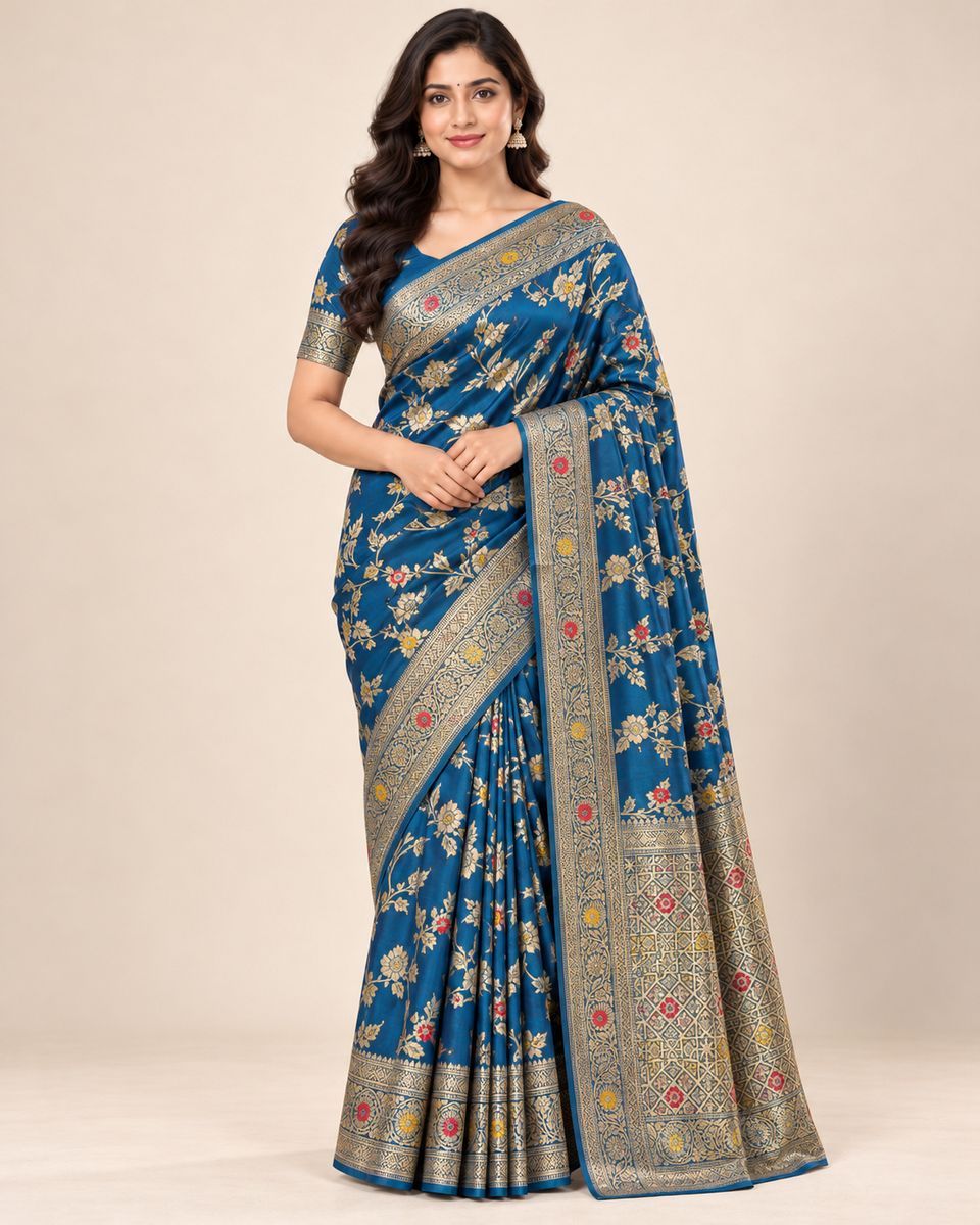 Mayuri Peacock Blue Floral Saree with Ornate Golden Border, Blend, Art Silk