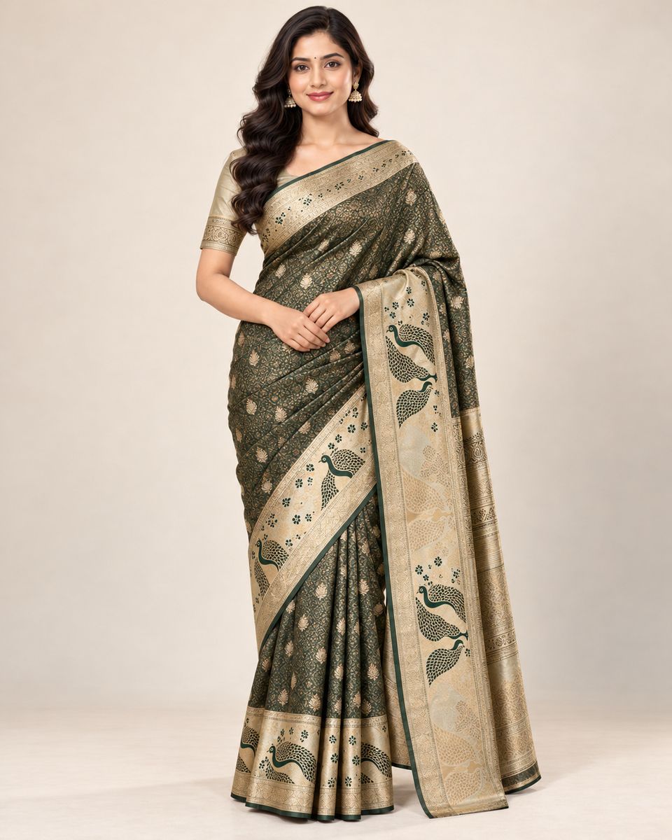 Mayurika Bottle Green Saree with Golden Border & Peacock Pallu, Silk-like lustrous appearance