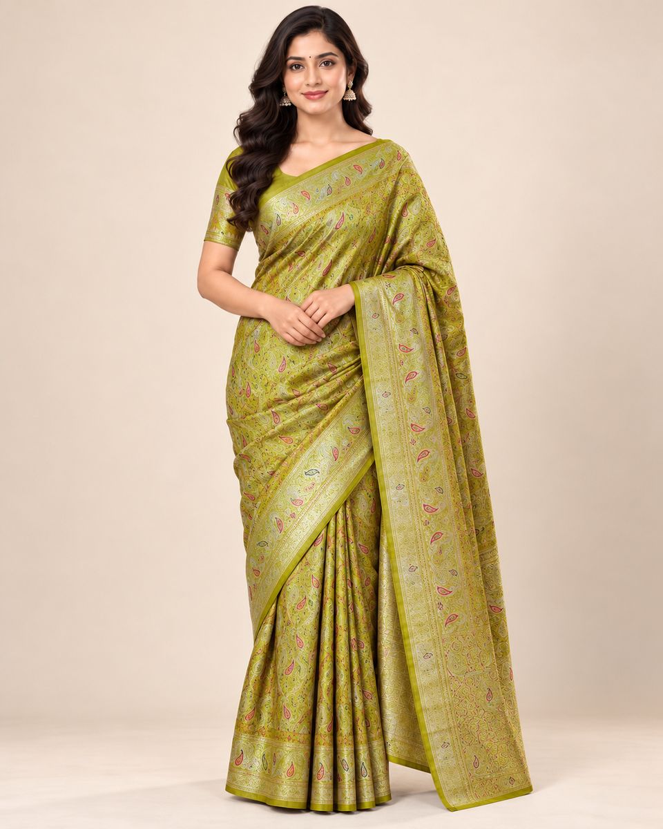 Mehendi Green Paisley Saree with Golden-Tone Border