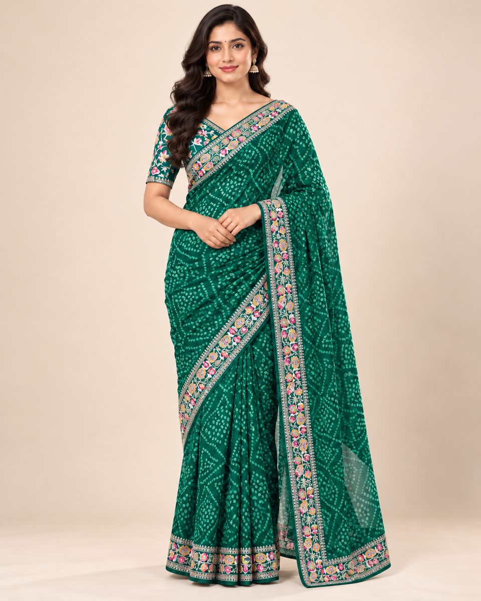 Meher Emerald Green Bandhani-Style Saree with Floral Border, Slightly sheer appearance with a flowing drape