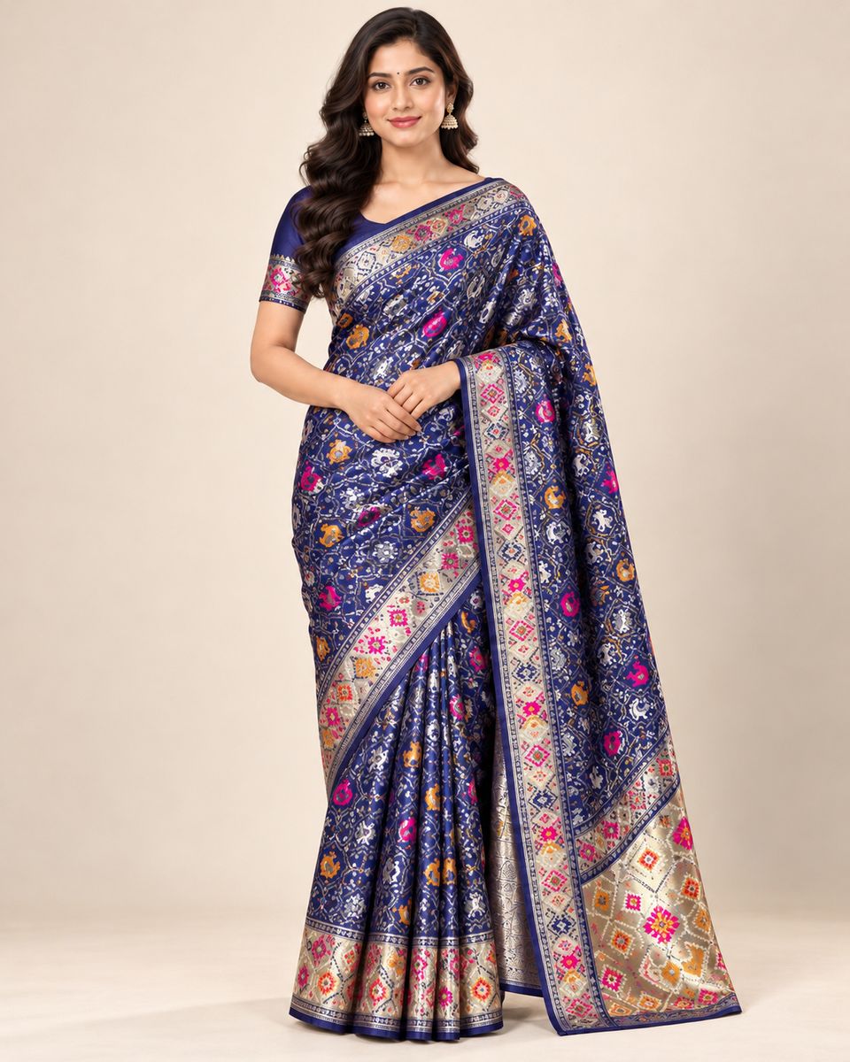Navrang Navy Blue Saree with Multicolour Motifs & Metallic Border, Silk-like lustrous appearance
