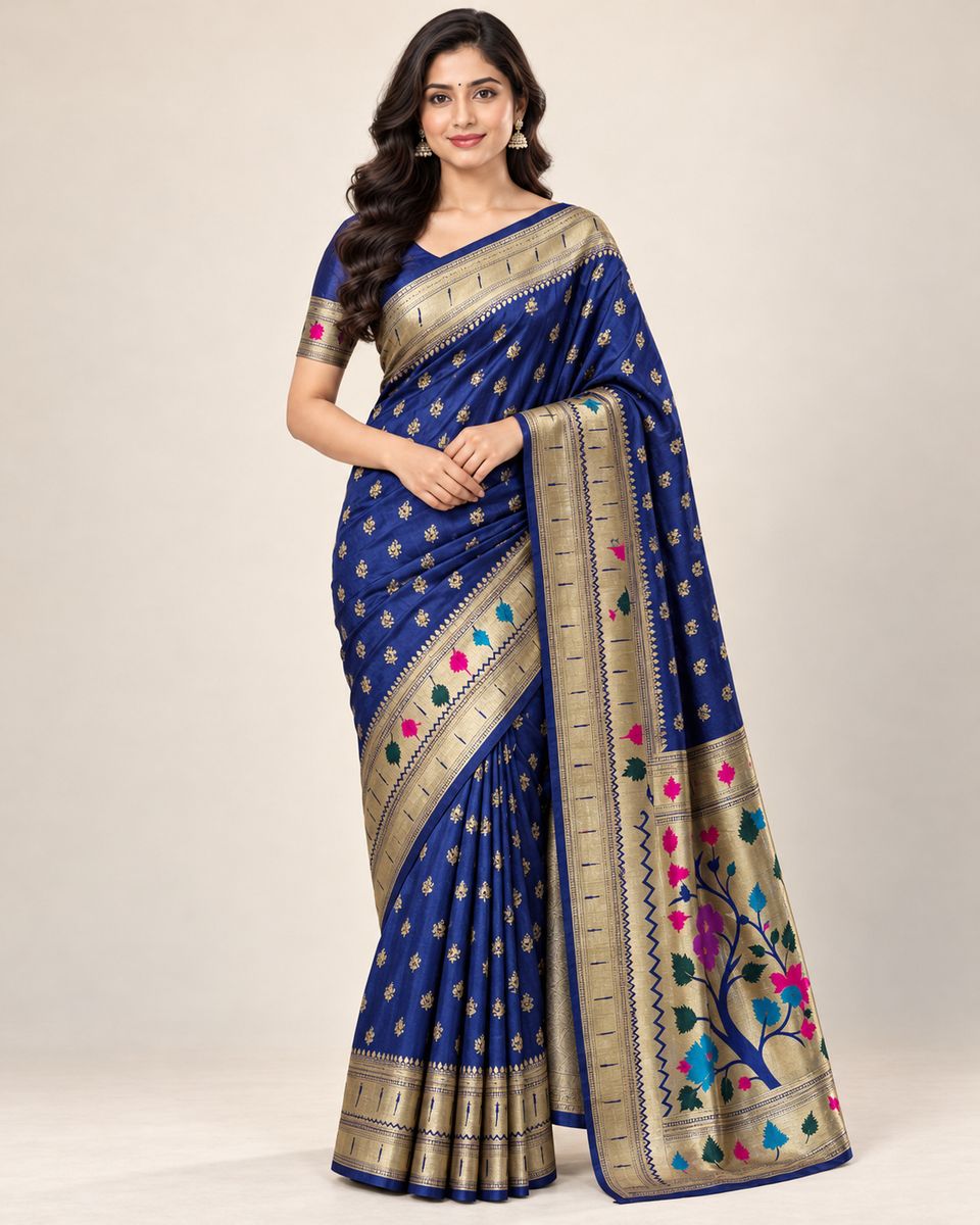 Neelima Royal Blue Saree with Golden Border & Floral Pallu, Silk Blend