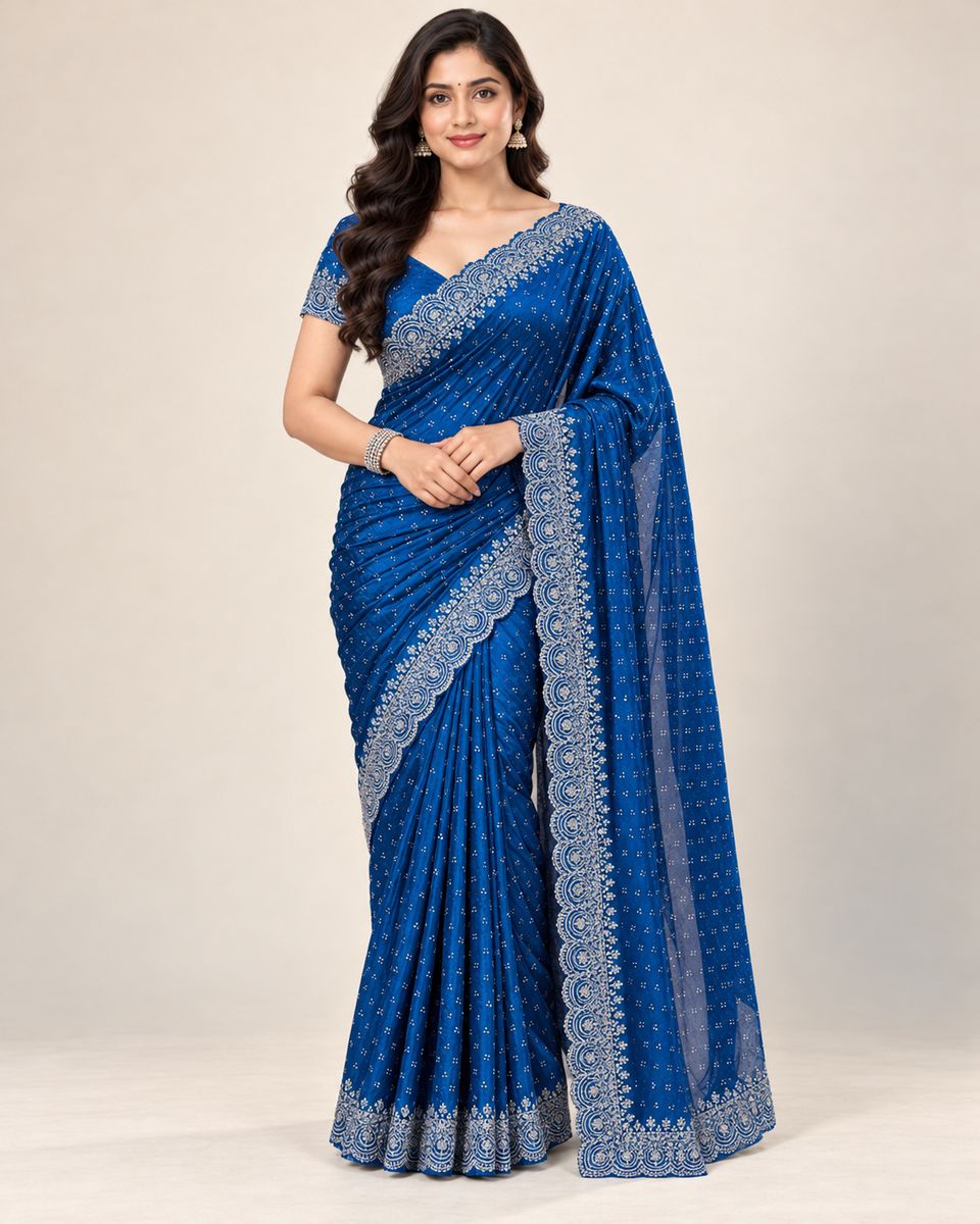 Neelpari Royal Blue Saree with Silver Scalloped Border, Silk, Georgette