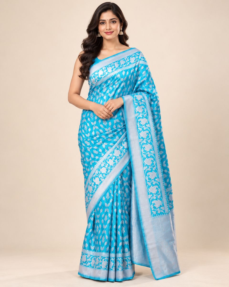 Neerja Turquoise Blue Saree with Silver Floral Border