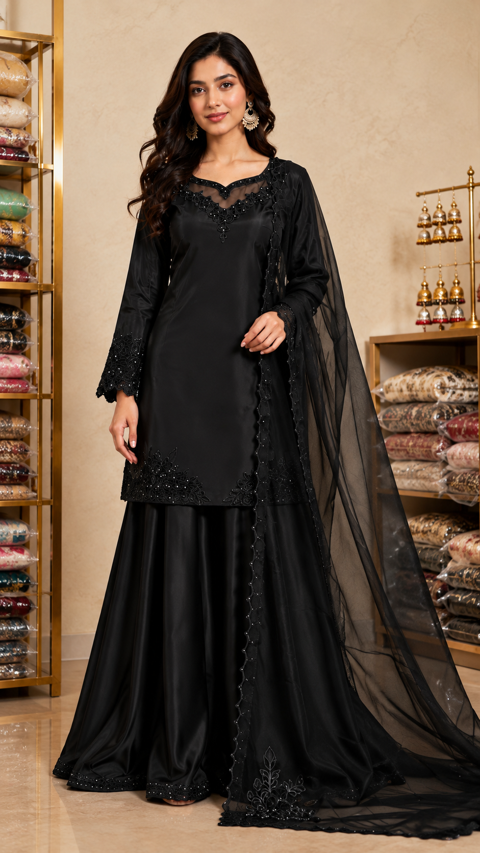 Noir Elegance Black Embroidered Sharara Suit Set