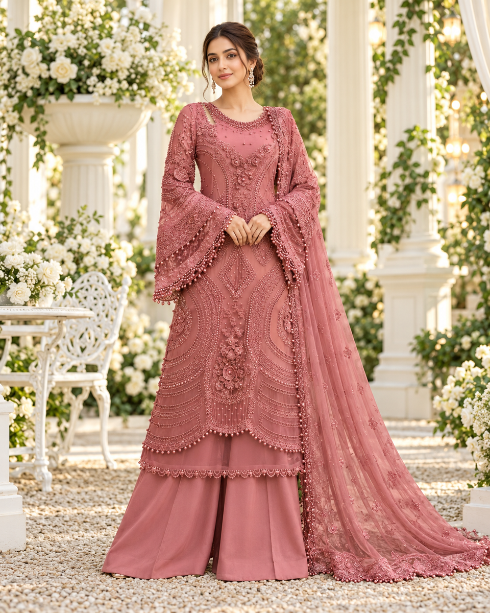 Gulnaar Dusty Rose Embroidered Palazzo Suit
