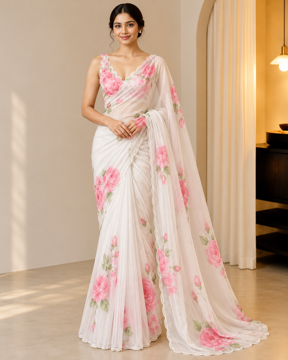 Ivory Pink Rose Floral Saree