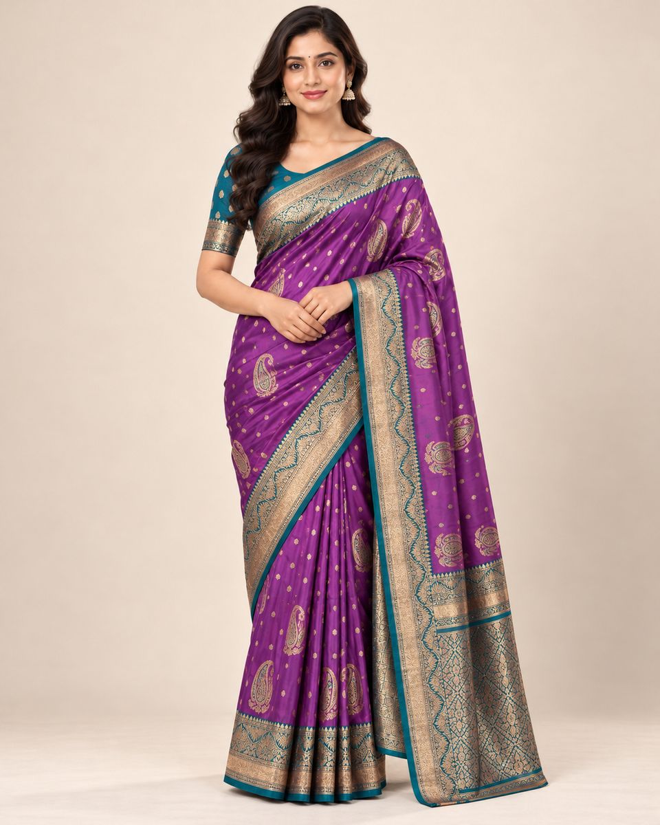 Amethyst Purple Paisley Saree with Teal Blue Golden Border, Silk, Georgette