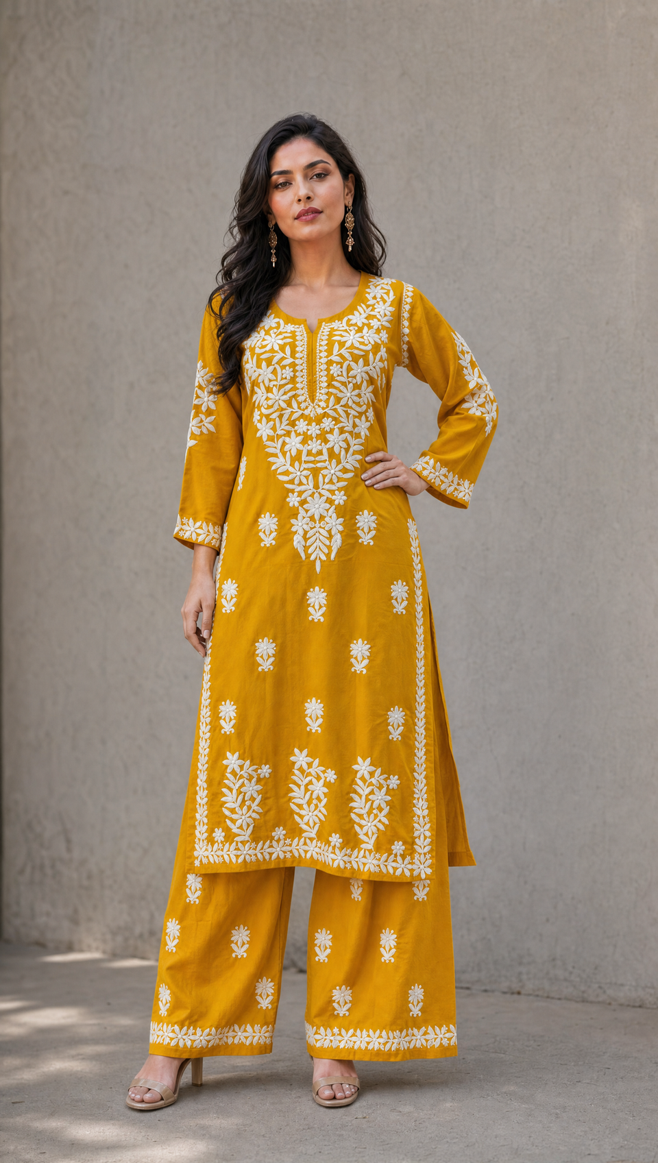 Mustard Yellow Premium Chikankari Kurta Palazzo Set, Rayon