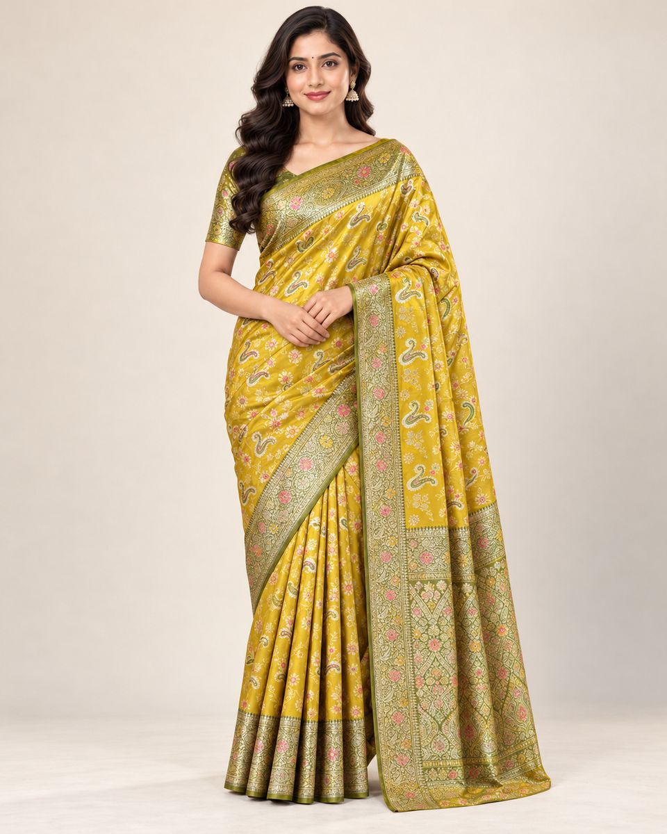 Sunehri Mustard Yellow Saree with Olive Green Floral Border, Banarasi Silk