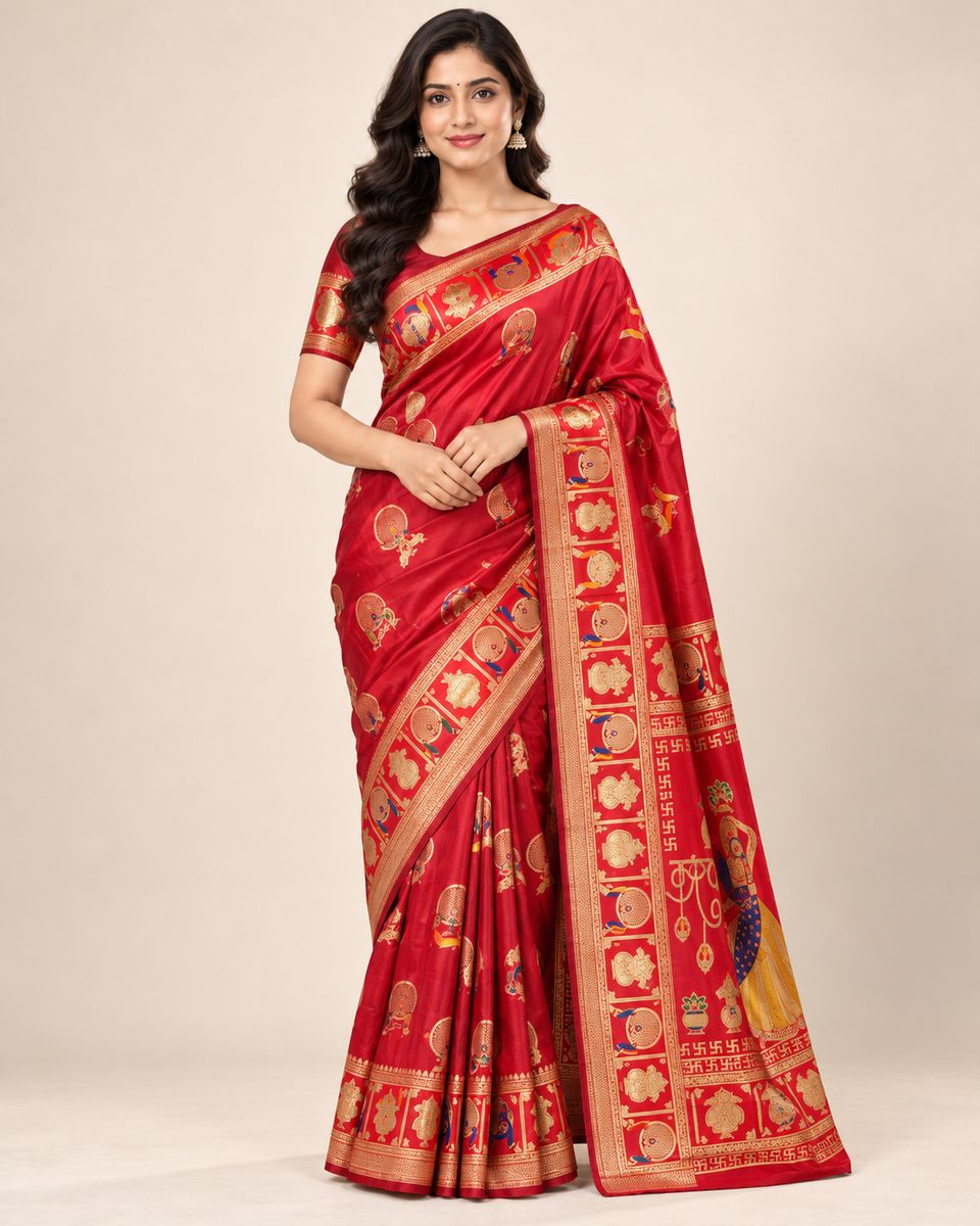 Ragini Red Peacock Motif Saree with Ornate Golden Border, Silk-like lustrous appearance