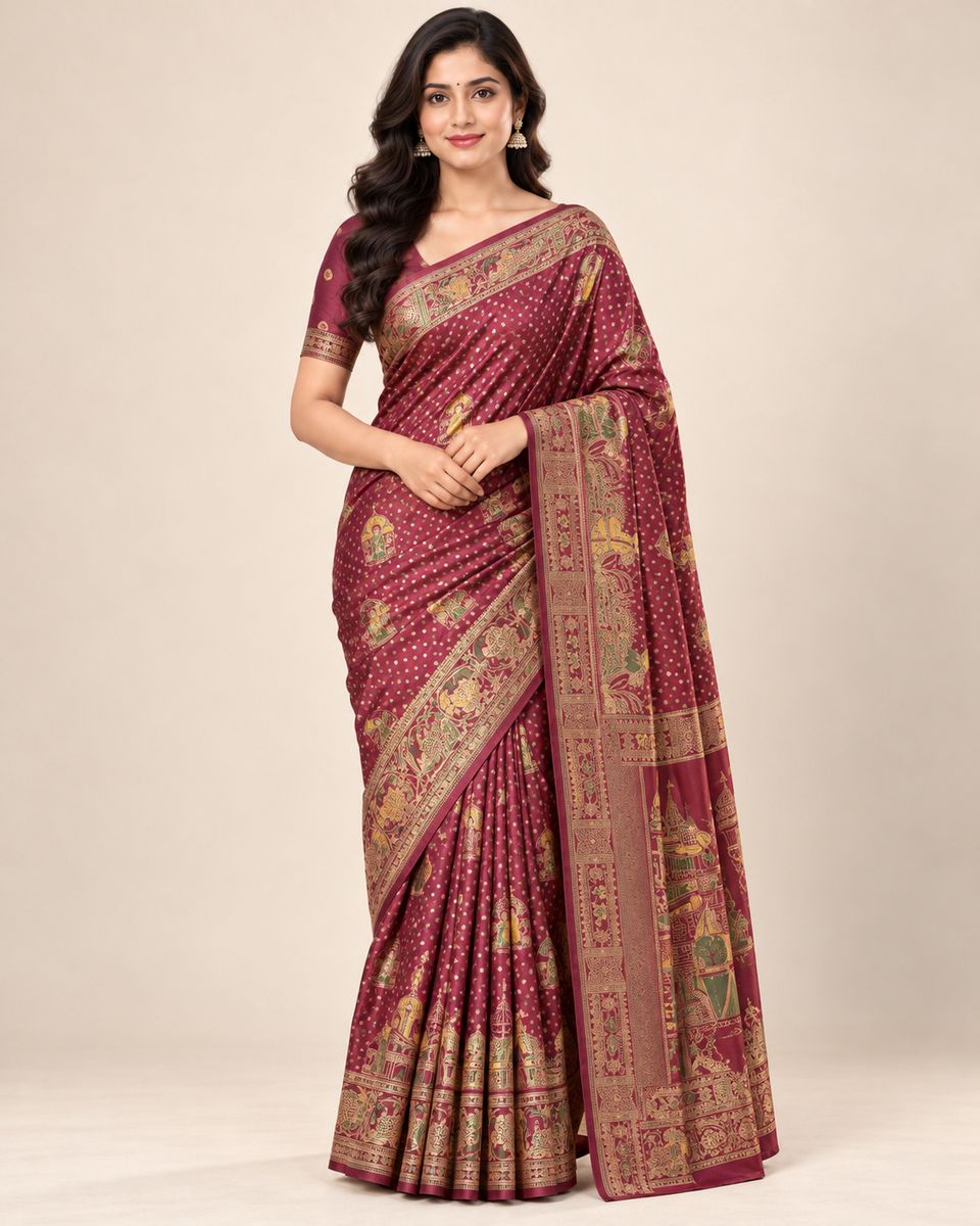 Rajsi Maroon Saree with Traditional Motifs & Golden Border, Silk-like lustrous appearance; fibre