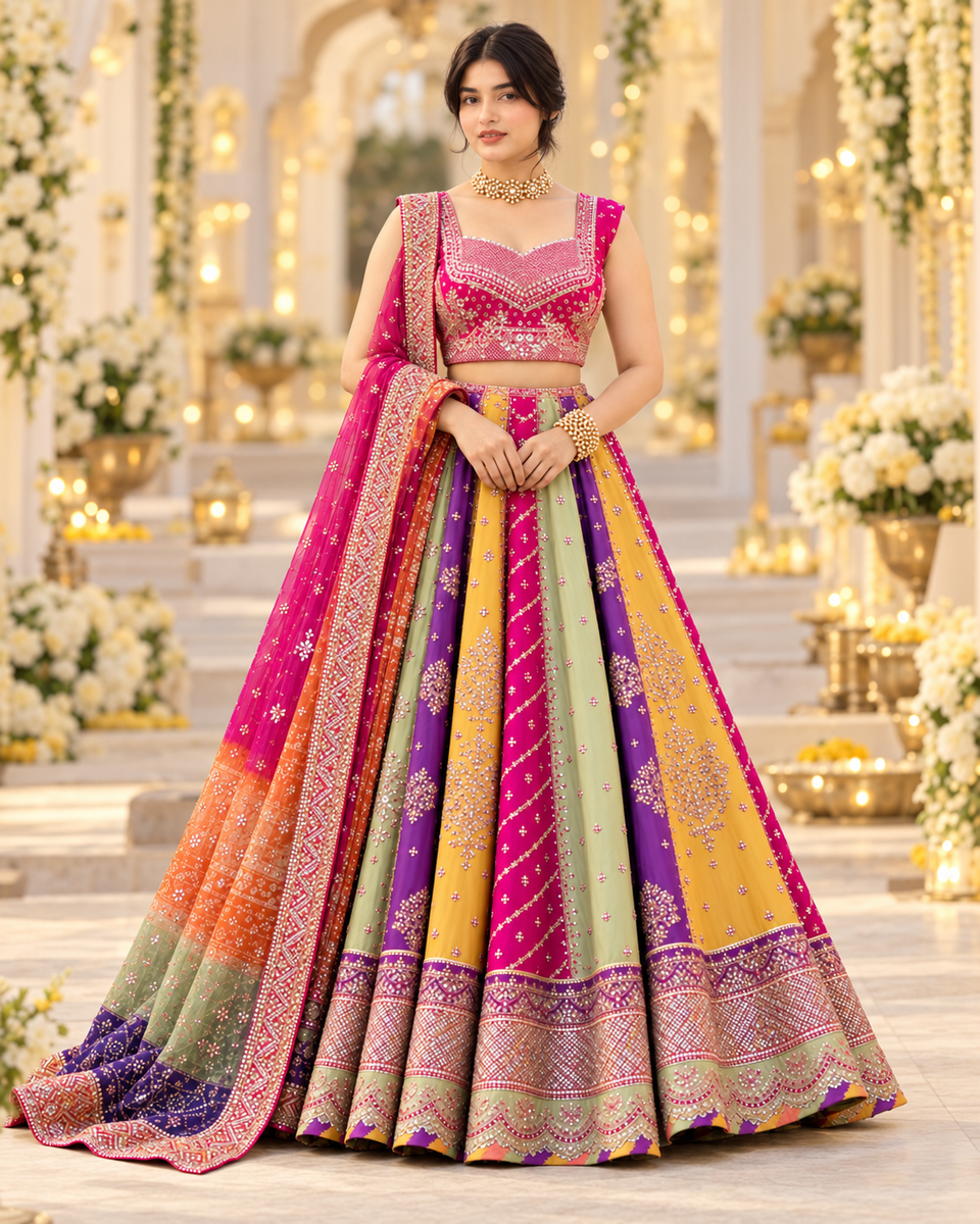 Rangrez Multicolor Embellished Lehenga Choli with Dupatta