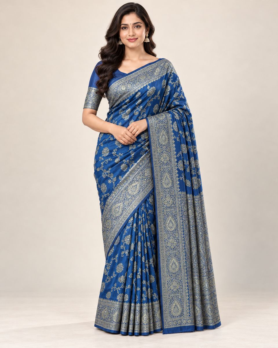 Royal Blue Floral Paisley Saree with Blouse Piece