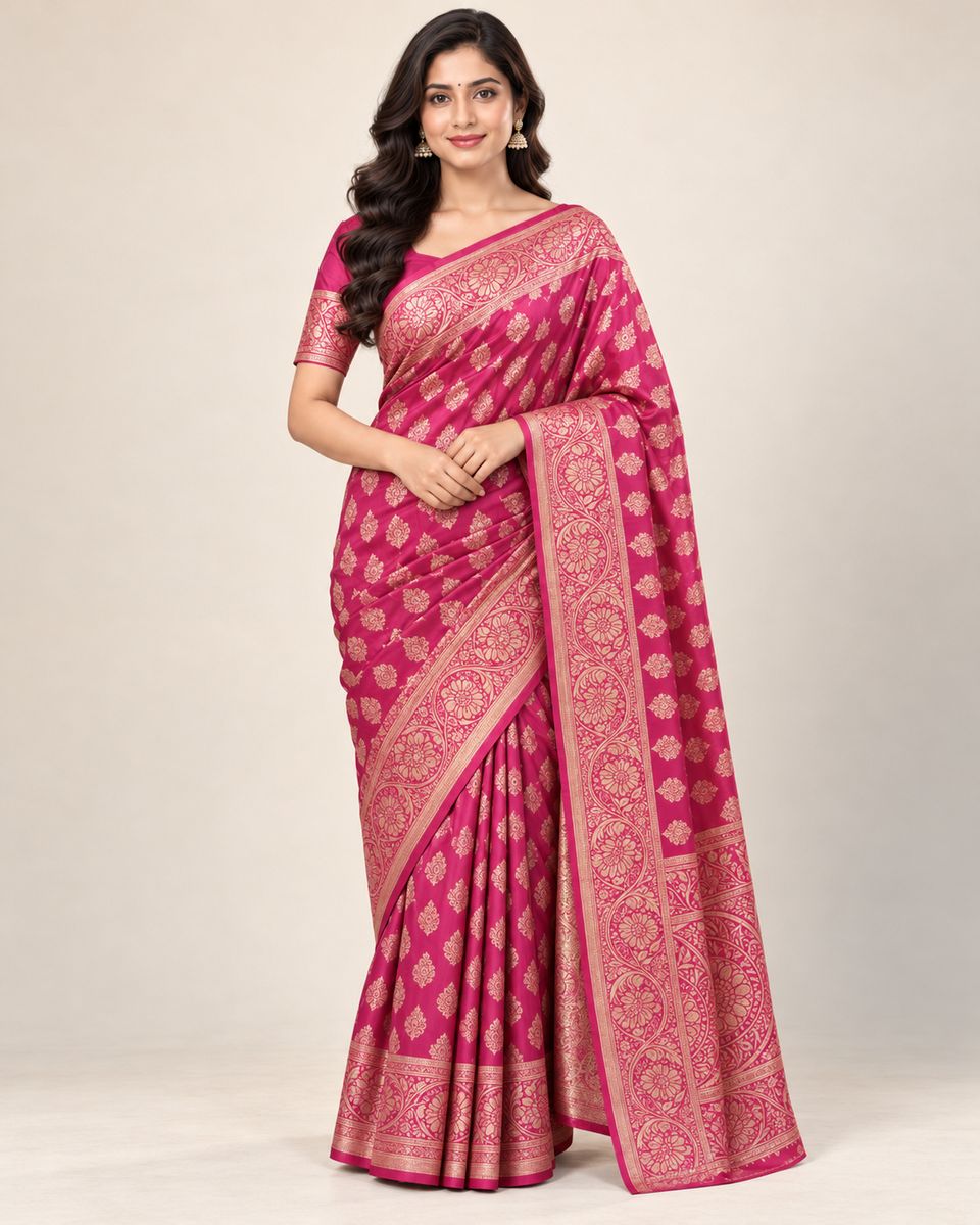Ruhani Rani Pink Saree with Golden Floral Buti & Border, Silk-like lustrous appearance