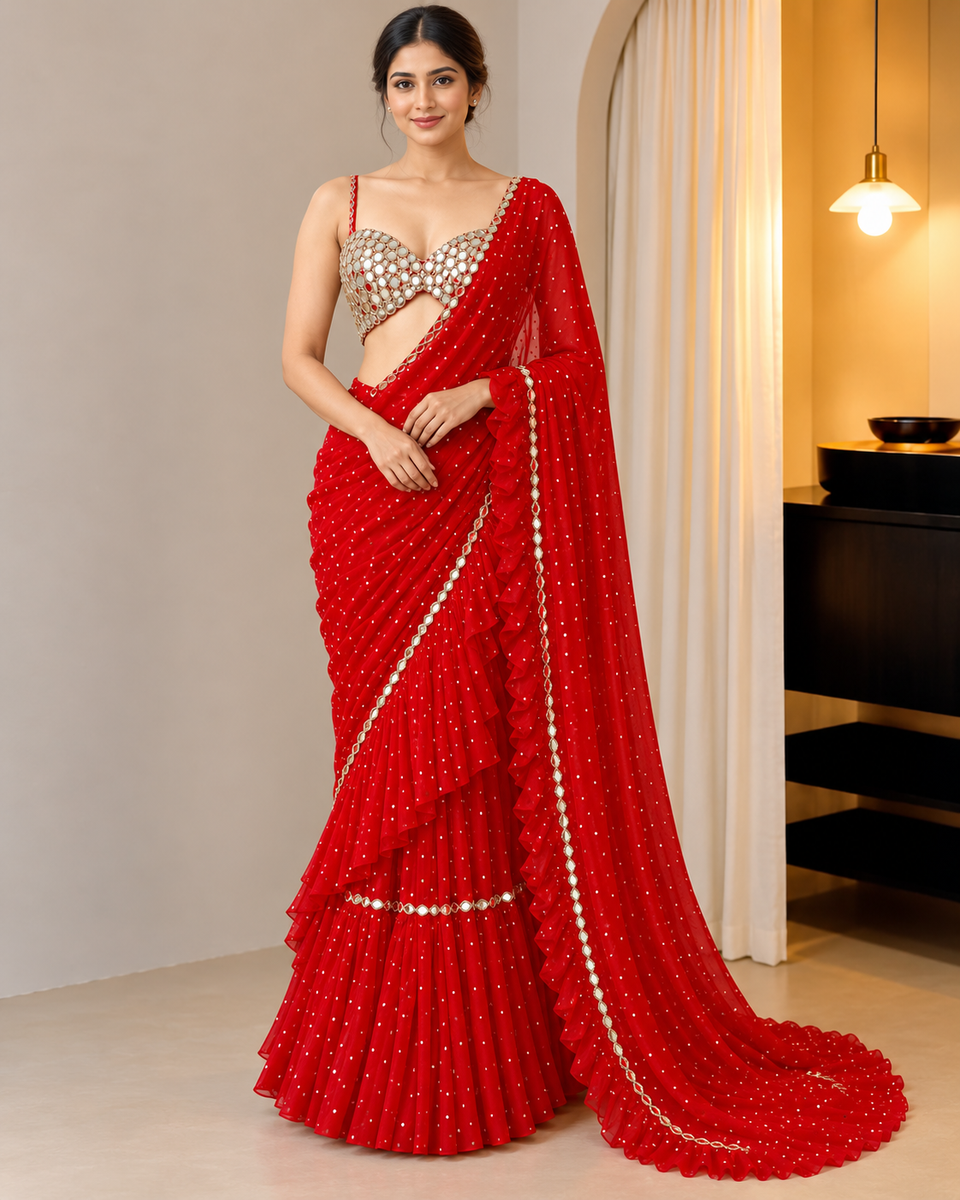Scarlet Red Ruffle Saree with Mirror-Look Border, Georgette