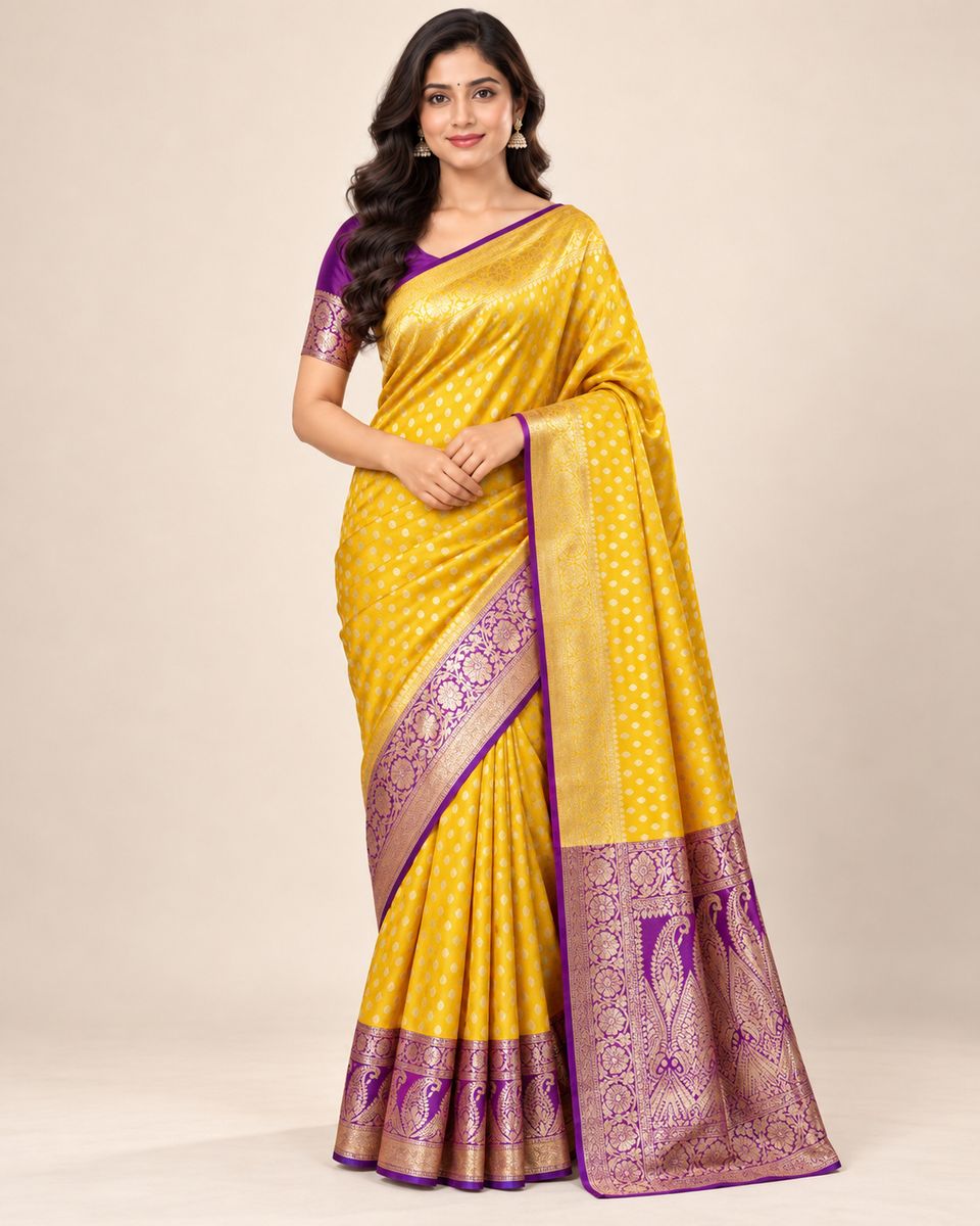 Suvarna Yellow Saree with Purple Floral Border & Paisley Pallu, Silk-like lustrous appearance