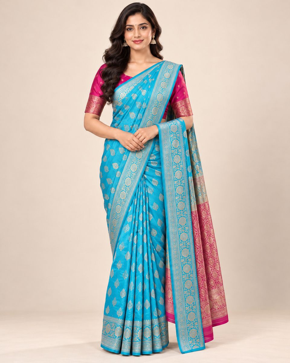 Tarini Turquoise Blue Floral Saree with Ornate Border