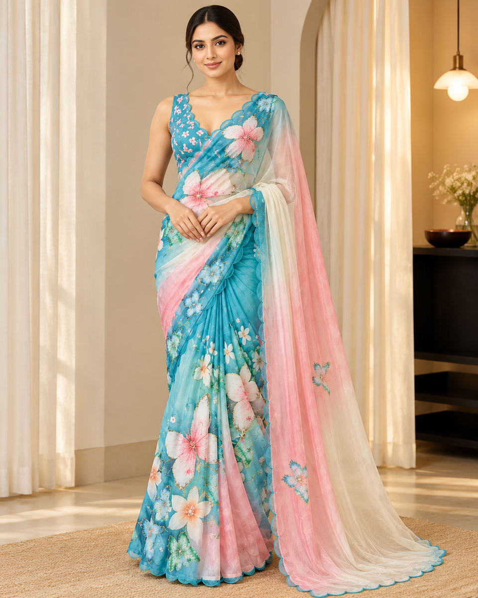 Turquoise Floral Saree with Pink & Ivory Pallu