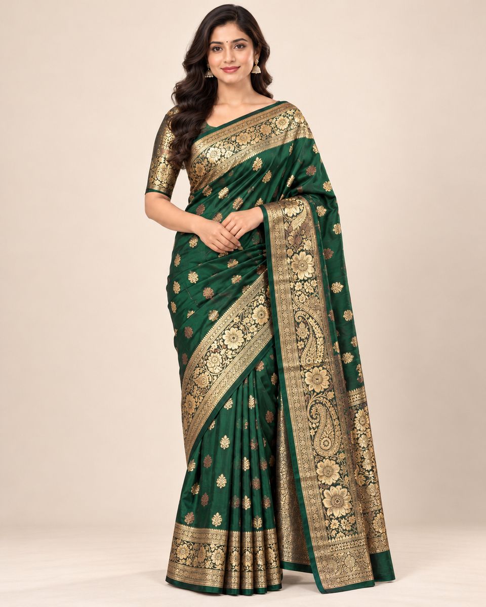 Vanika Bottle Green Saree with Golden Floral Border