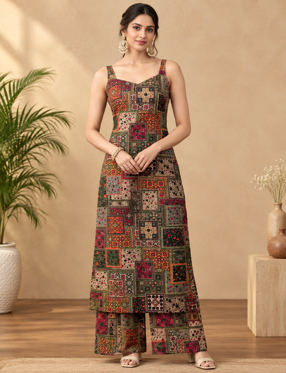 Women Ethnic Print Rayon Kurta Palazzo Set | Sweetheart Neck Co-Ord Set | Back Lace-Up Dori Kurti