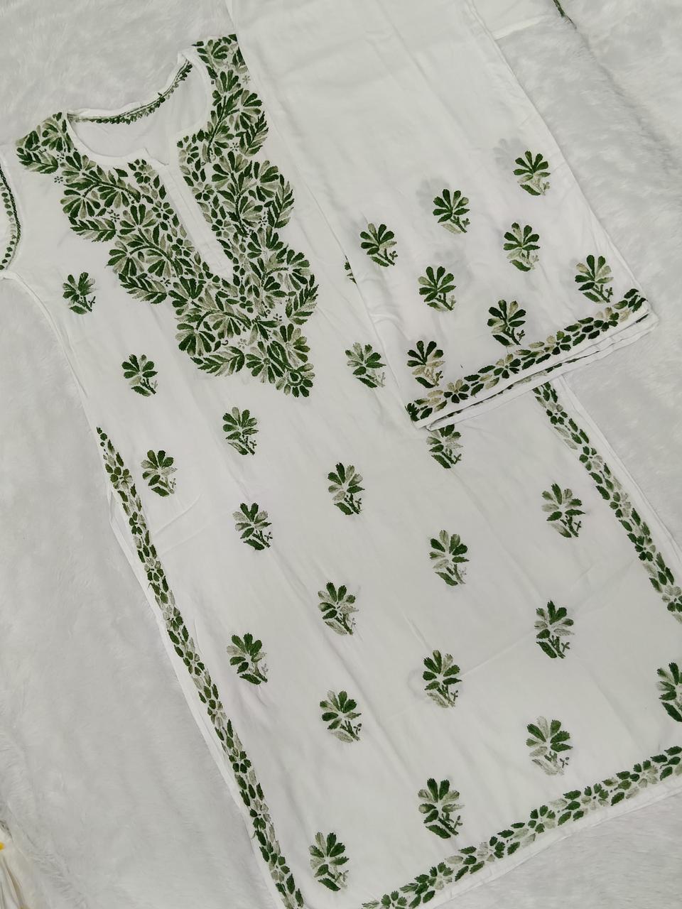 White & Green Chikankari Kurti-Plazo Set