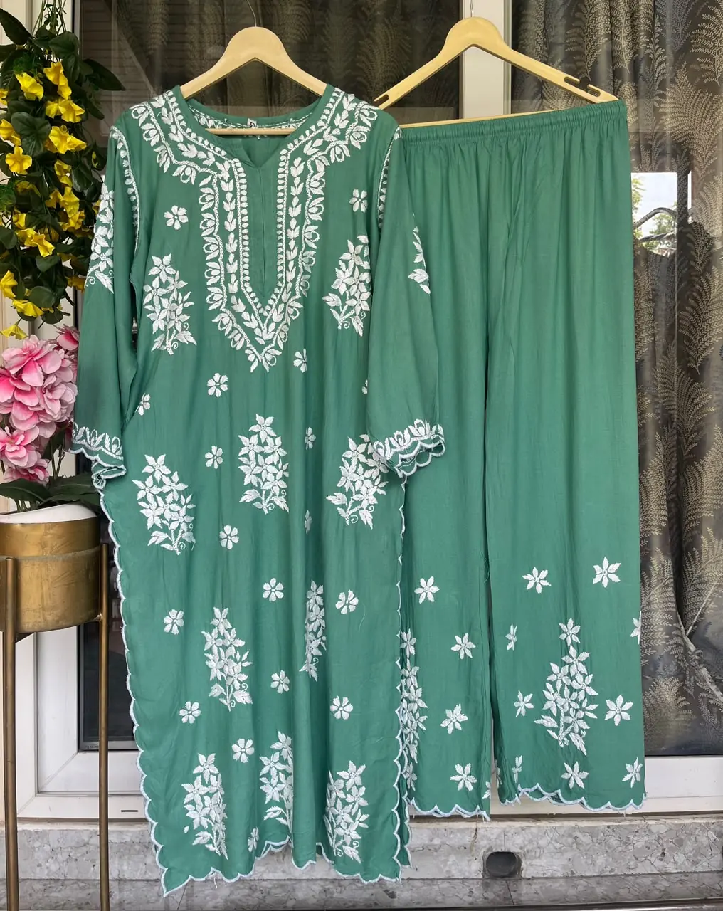 Sea green chikankari kurti set with fine white thread embroidery