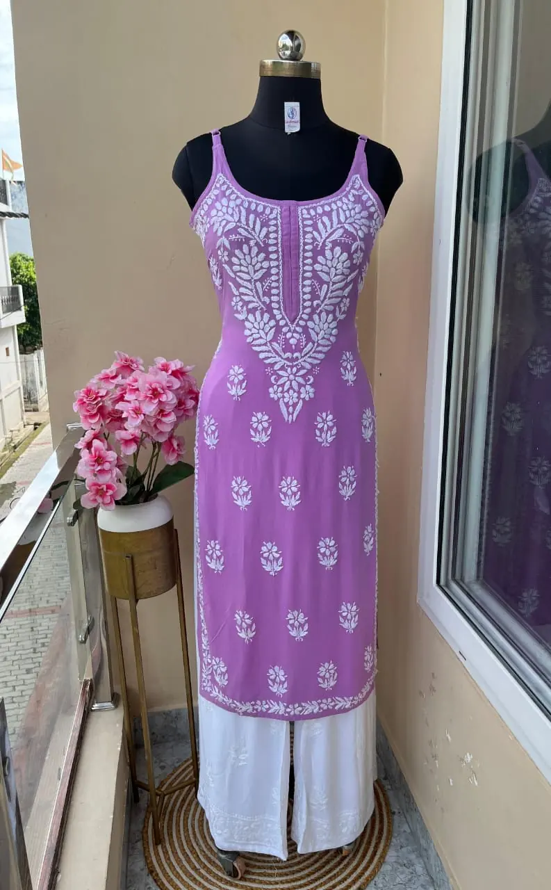 Premium Organic Cotton Sleeveless Chikankari Kurti-Plazzo Set
