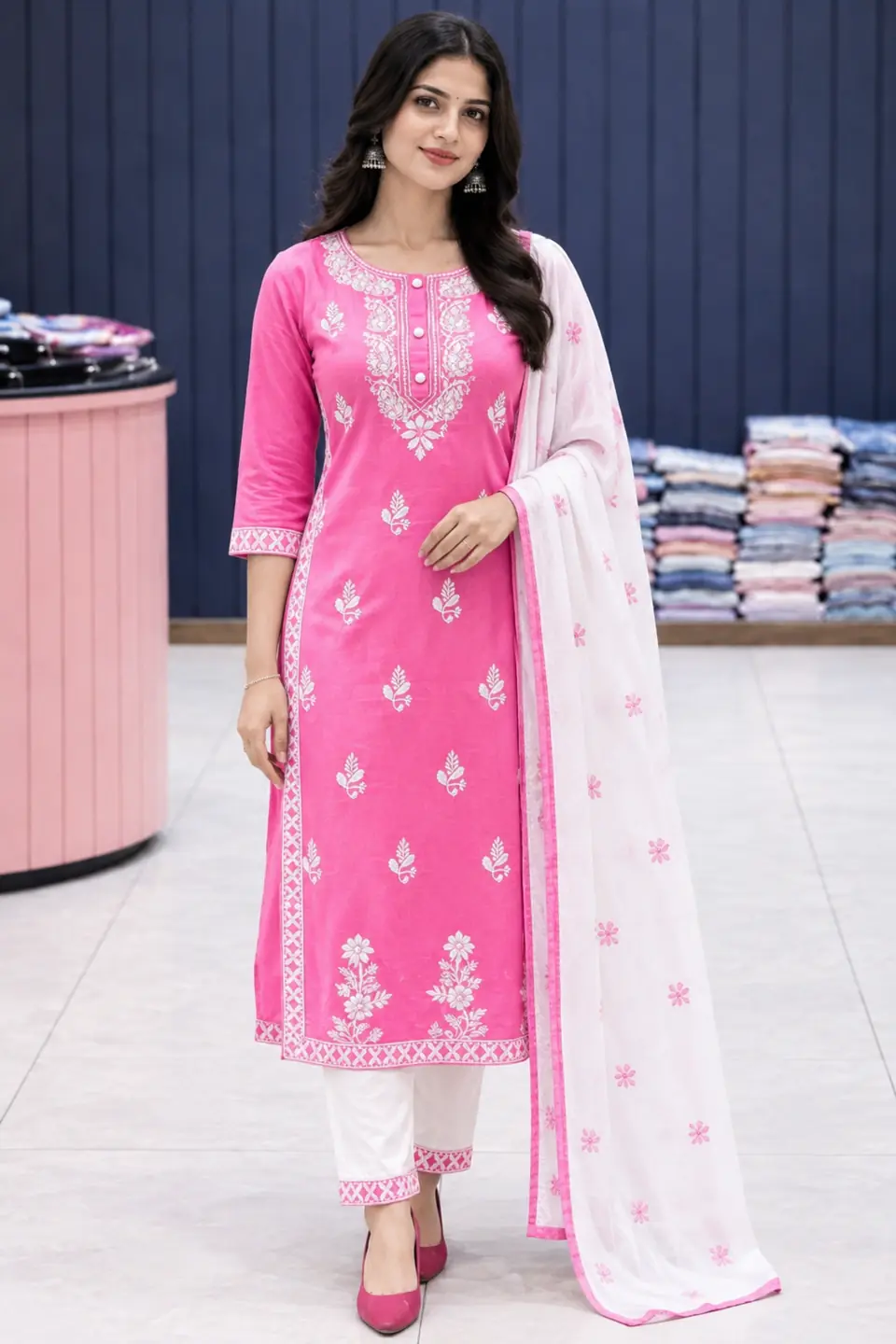 Women's Pink & White Floral Print Cotton Blend Kurta Pant Dupatta Set