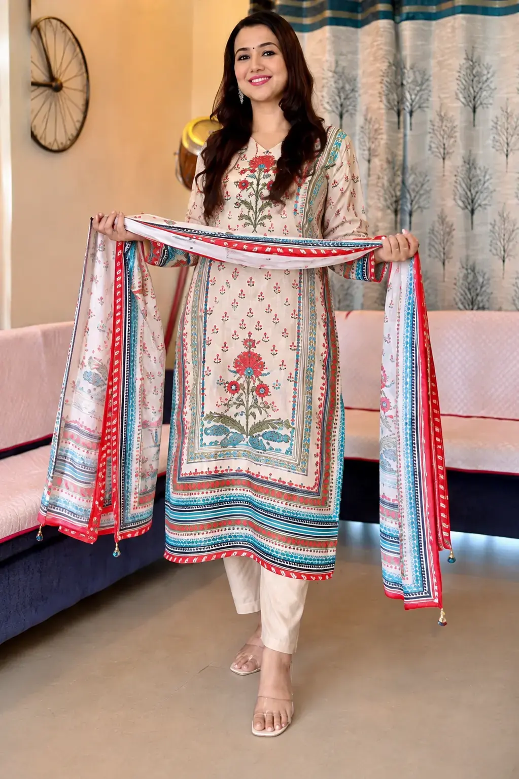 Elegant Off-White & Red Floral Printed Straight Kurti Set with Matching Dupatta